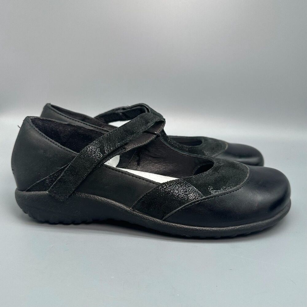 Naot Luga Women's 7 Black Leather Mary Jane Shoes Hook & Loop Low Top Flats